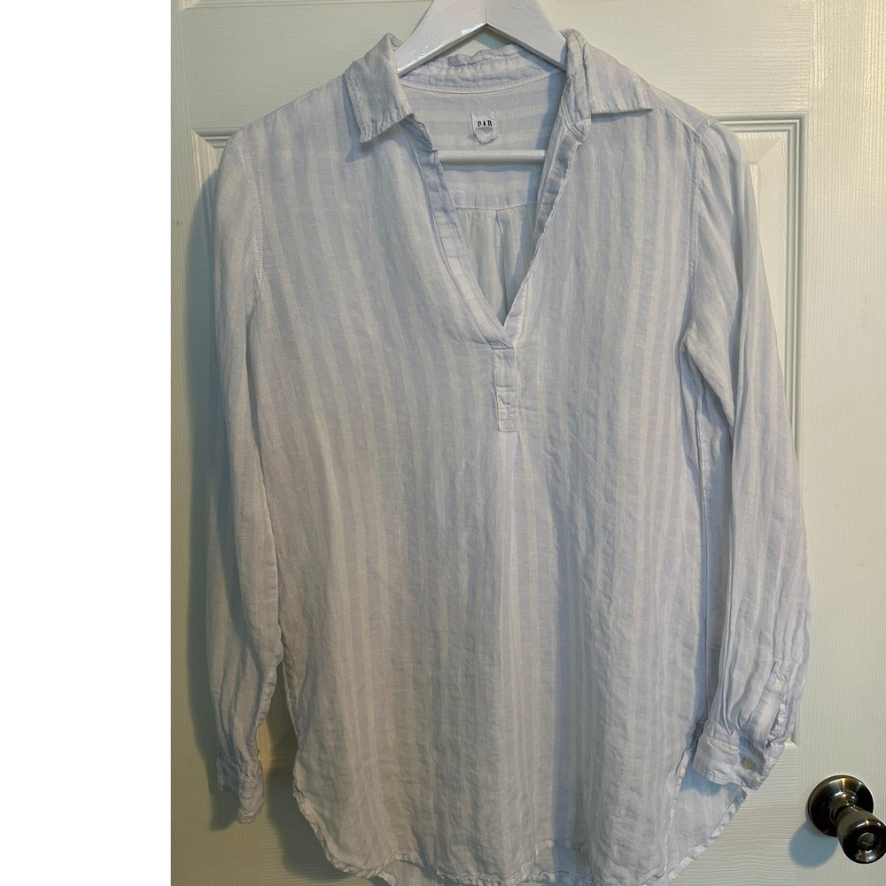 Gap Womens 100% Linen Long‎ Sleeve Shirt White/ Light Blue Size Small